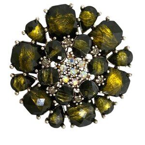 Vintage Rhinestone & Green Stone Floral Brooch Pin Old Money Elegant Luxury